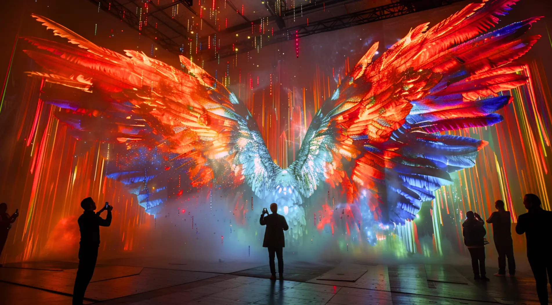 A monumental colourful eagle projection above visitors in an immersive installation.