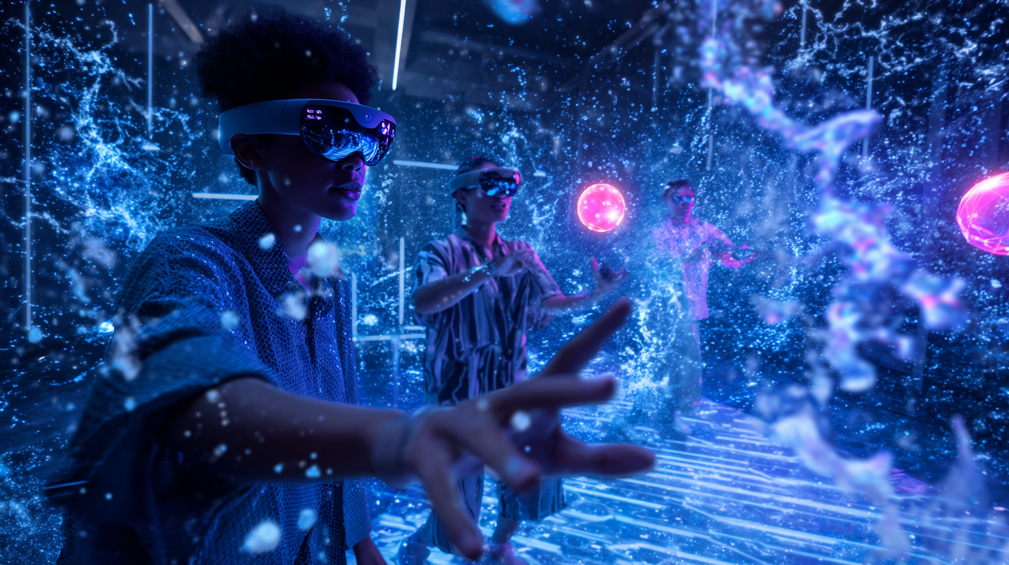 Participants wearing mixed-reality headsets surrounded by blue interactive imagery.