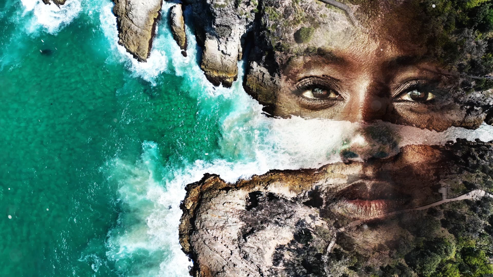 A woman’s portrait blended with Queensland’s rocky coastline and turquoise ocean.