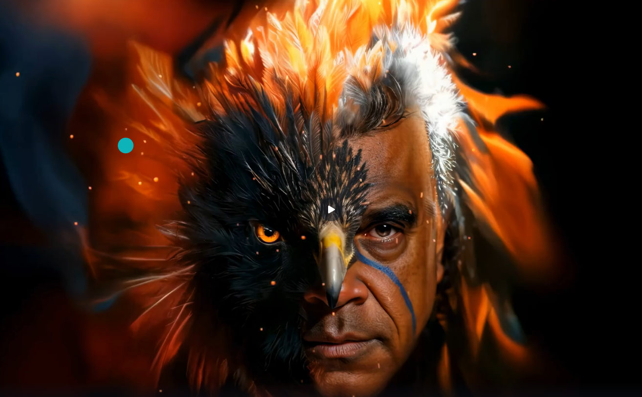 A portrait of David Bindi Hudson blended with an eagle and fiery digital imagery.