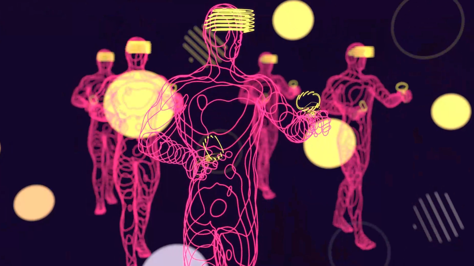 Pink outlined figures and yellow shapes in the World Science Festival Brisbane 2023 campaign.