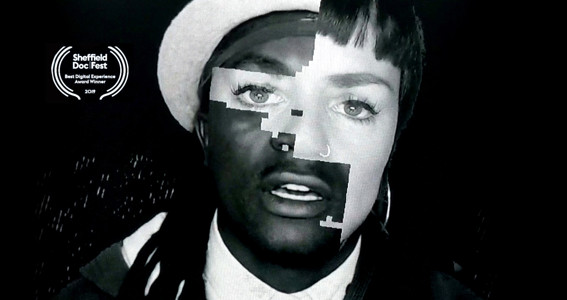 ECHO’s fragmented monochrome portrait with the Sheffield DocFest 2019 award badge.