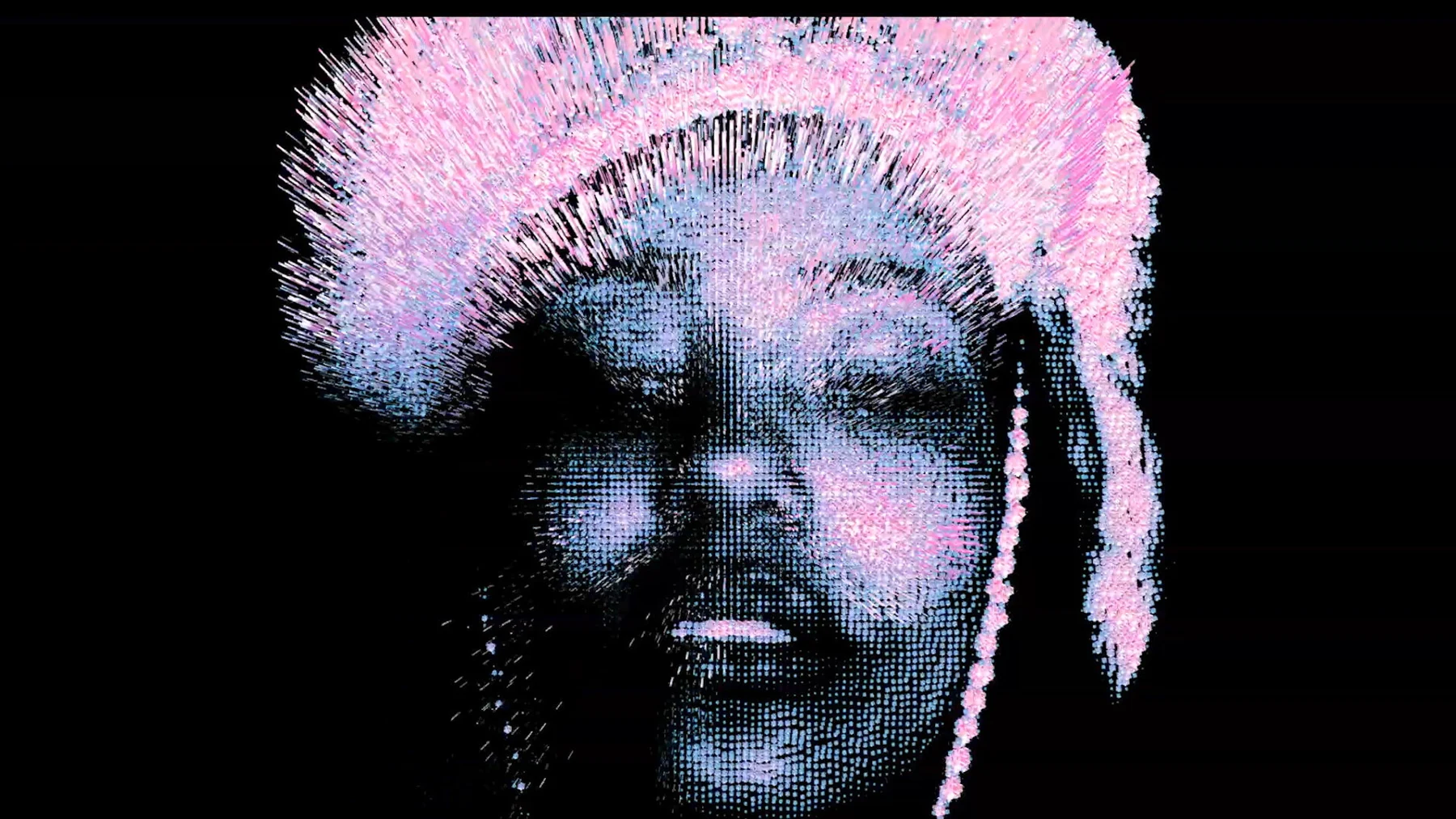 A digital face dissolves into pink and white particles.